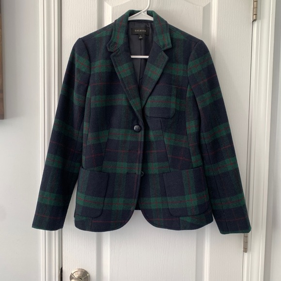 Talbots Jackets & Blazers - Talbots Navy Green‎ Plaid Wool Blend Blazer Jacket Size 2 Three Button Classic